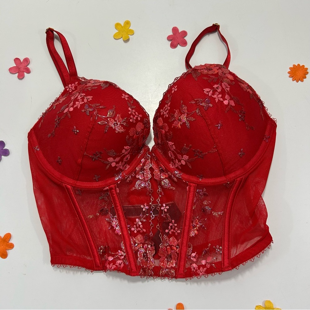 CCO Victoria's Secret Very Sexy Red Floral Embroidered Push Up Bustier 32D